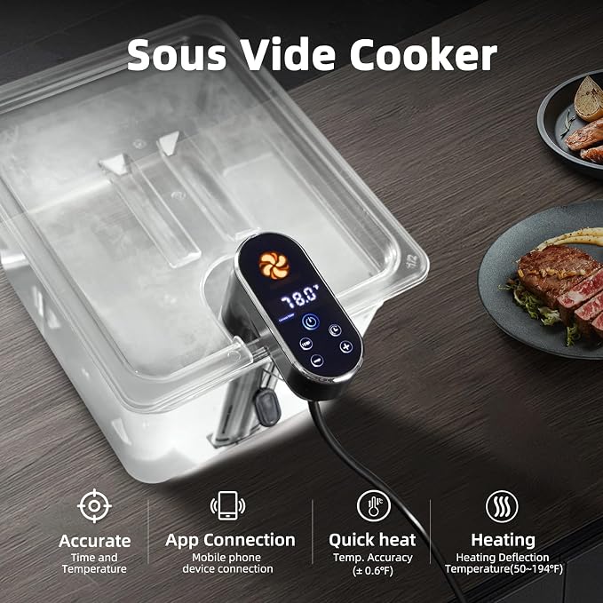 WiFi Sous Vide Cooker, 1300W Fast Heating Precision Sous Vide Machine, IPX7 Waterproof Ultra Quiet Kitchen Cooking Machine,Smart APP Timer with Exclusive Cooking Recipes for Household Daily Use