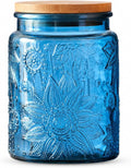 ANSQU Blue Glass Canister with Lid, 23.7 oz Vintage Embossed Glass Jar, Airtight Food Storage Container for Coffee Beans, Tea, Sugar, Candy, Cookies, Decorative Kitchen Pantry Organizer