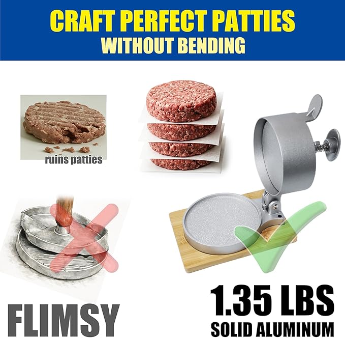 Heavy Duty Hamburger Press Patty Maker, Adjustable 1/4 to 3/4 lb Meat Mold, Detachable Spring Plunger with Bamboo Base, Shape Perfect Burgers in 1-Sec for Daily Meals & BBQ