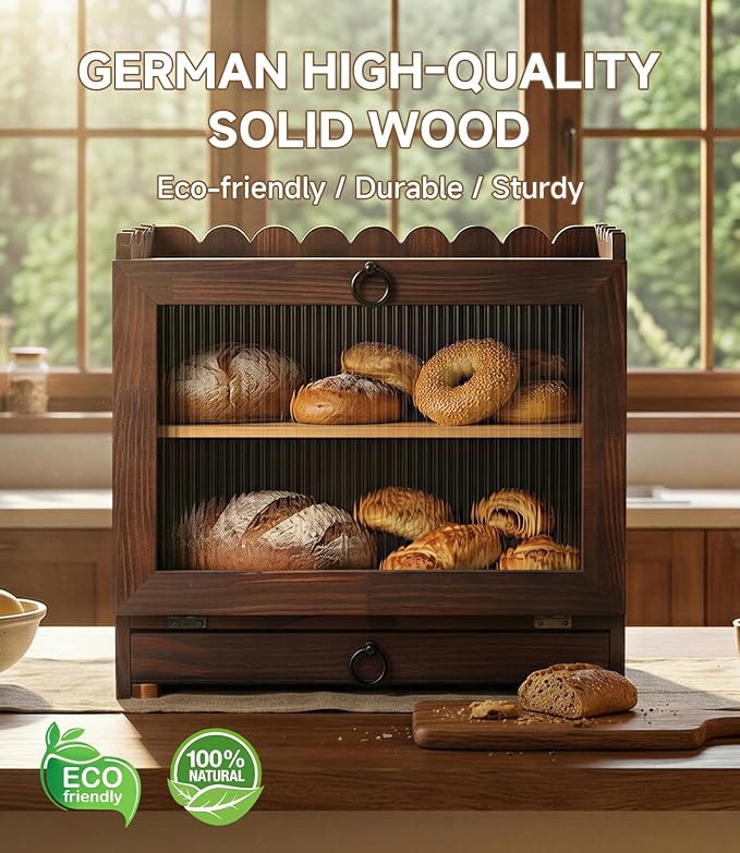 Bread Box for Kitchen Countertop Wooden Double Layer Bread Storage Container Bin Breadbox Holder Large Capacity Keeper Vintage Farmhouse Food Organizer (Brown, Large)