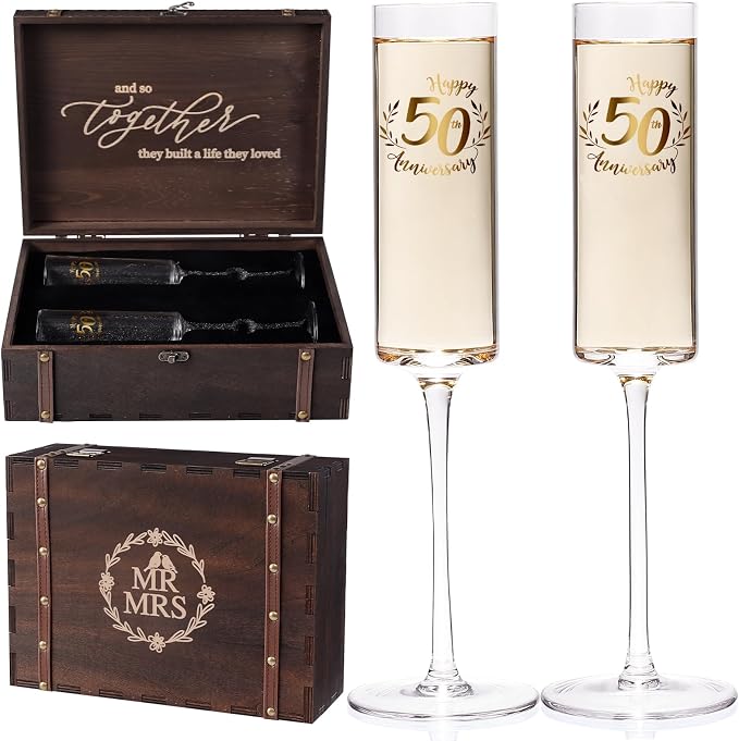 Physkoa Happy 50th Anniversary Champagne Flutes Set –Elegant Golden Wedding Anniversary Present from Friends –Crystal Toasting Glasses with Gold Lettering & Gift Box for Couples