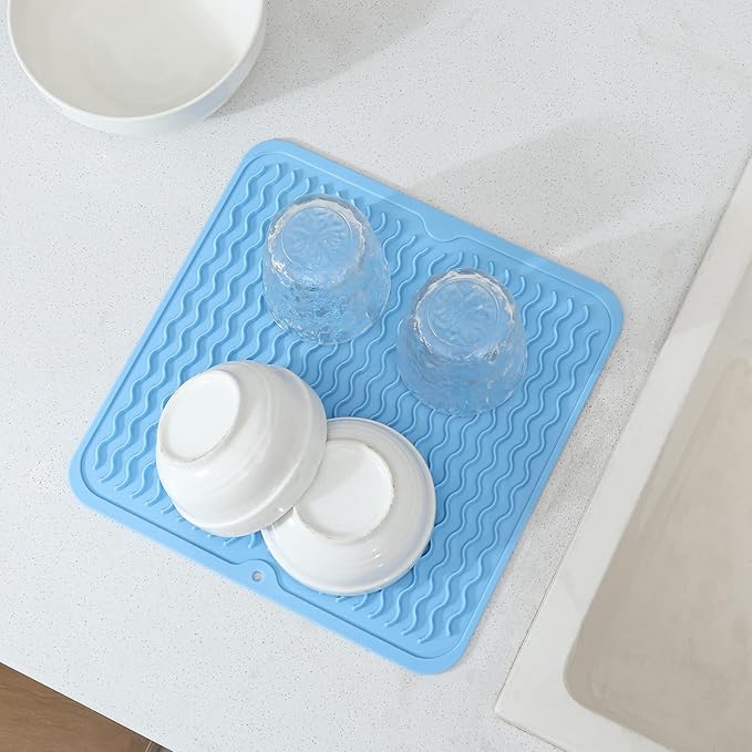MicoYang Silicone Dish Drying Mat for Multiple Usage,Easy clean,Eco-friendly,Heat-resistant Silicone Mat for Kitchen Counter or Sink,Refrigerator or Drawer liner Light Blue M 12 inches x 12 inches