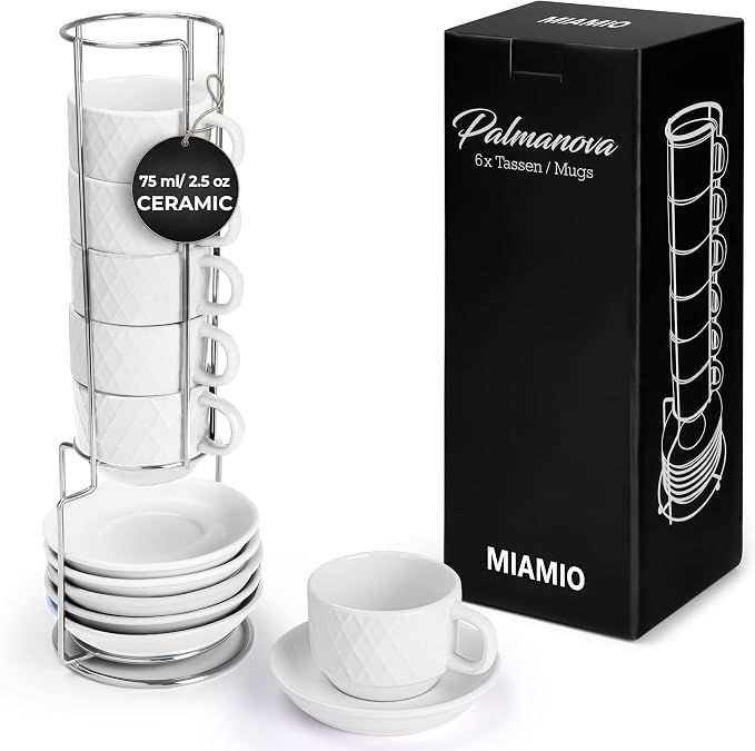 MIAMIO - 6 x 2.5 oz Stoneware Espresso Mug, Cup Set Modern with Stand and Saucers - Palmanova Collection (White)