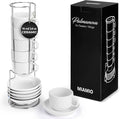 MIAMIO - 6 x 2.5 oz Stoneware Espresso Mug, Cup Set Modern with Stand and Saucers - Palmanova Collection (White)