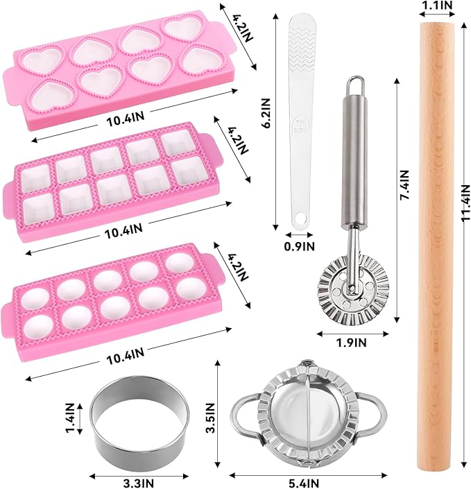 8pcs Ravioli Mold Set, 3 Rectangle Ravioli Maker Press + Dumpling/Pasta Cutter, Round Ravioli Cutter, Rolling Wheel, Dough Rolling Pin - Complete Pasta Making Tools for Ravioli Empanada