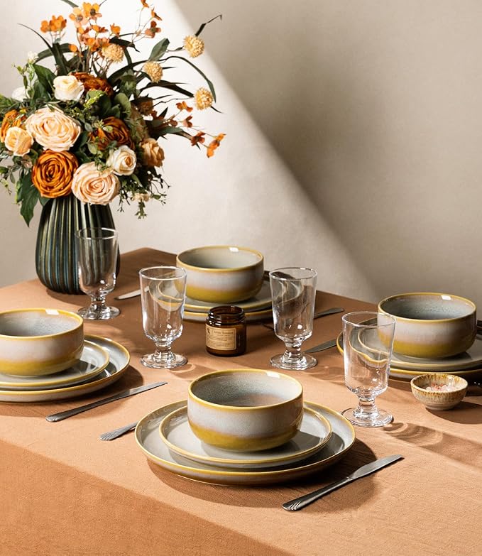 TheTerra Ceramic Dinnerware Sets for 8, 24 Pieces Handmade Reactive Glaze Plates and Bowls Set, Scratch Resistant Dish Set, Oven & Microwave & Dishwasher Safe, Autumn Haze