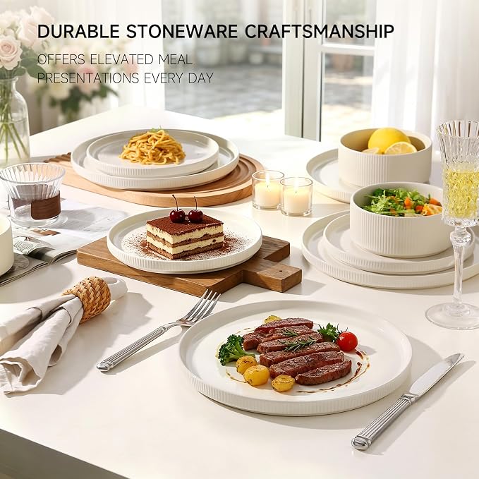 MONITO Ceramic Dinnerware 16 Pieces Dinner Set,Plates Pasta Bowls Cereal Bowls Reactive Change Glaze Dish Sets, Modern Stoneware Dishes,Gift, Creamy white
