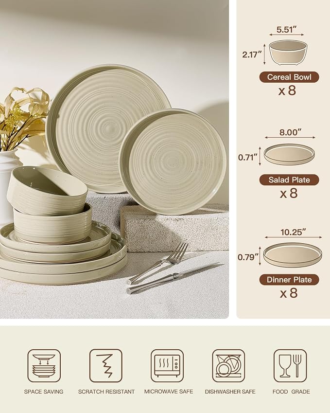 Stoneware Dinnerware Sets for 8, 24-Piece High Edge Plates and Bowls with Speckled Glaze & Spiral Design - Chip & Scratch Resistant, Microwave & Dishwasher Safe - Gift Box, Honey