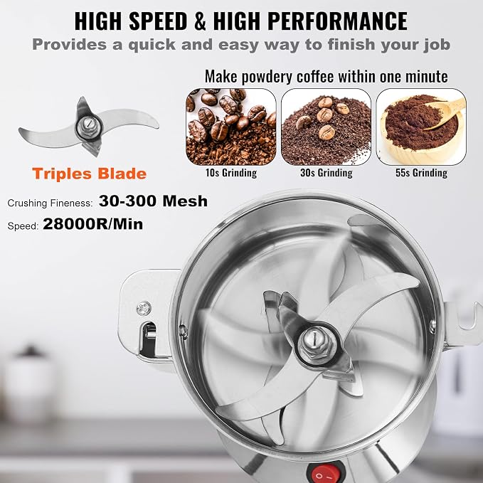 VEVOR 550g Electric Grain Mill Grinder, High Speed 2000W Commercial Spice Grinders, Stainless Steel Pulverizer Powder Machine, for Dry Grains Spices Cereals Coffee Corn Pepper, Straight Type