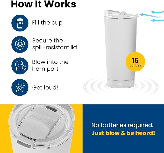 The LoudCup Blow Horn Tumbler, Cheer & Sip 2-in-1 Reusable Water Bottle with Built-In Horn for Sports Games, Tailgates, Parties & Events, BPA-Free, 16 oz, Ice White
