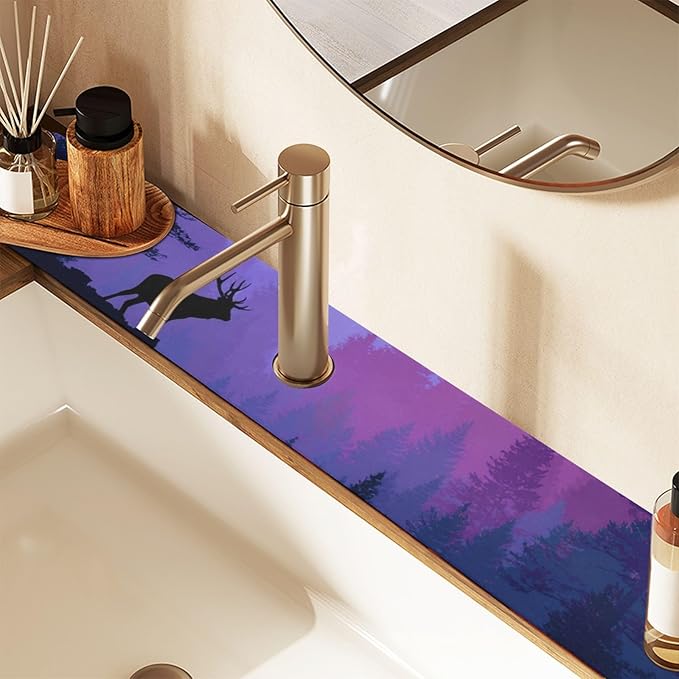 Kitchen Sink Splash Guard 2 PCS 14.7 Inch Sink Faucet Mat Splash Guard for Bathroom Countertop Water Absorbent Foldable Cuttable Soft Washable Purple Stag Mountains and Forest