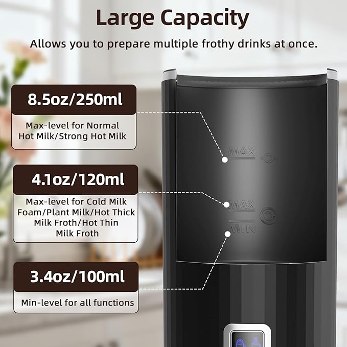 Electactic Milk Frother, 6-in-1 Electric Milk Steamer, 8.5oz/250ml Automatic Warm and Cold Foam Maker and Milk Warmer for Latte, Cappuccinos, Macchiato, From the Makers of Instant 400W, Black