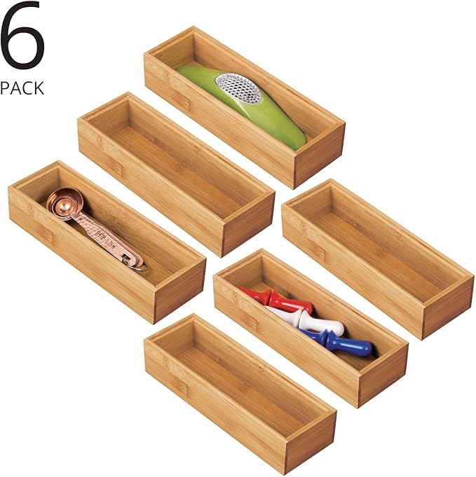 mDesign Wooden Bamboo Kitchen Drawer Organizer Box Tray, Stackable Utensil/Flatware Storage for Drawers, Cabinet - Holder Container for Silverware and Appliances, Echo Collection, 6 Pack, Natural Wood