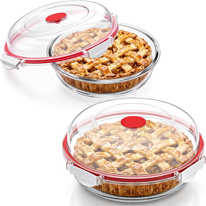 2 Pcs 9 Inch Glass Pie Plate with Lid for Baking Large Stackable Glass Round Pie Baking Dish for Fruit, Quiches, Pumpkin, Kitchen Oven Refrigerator Family Clear