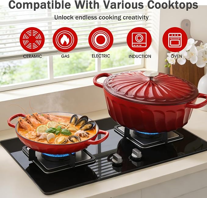 Enameled Cast Iron Dutch Oven, 3.8 Quart Dutch Oven Pot with Lid, Shallow Cast Iron Braiser with Handles, Oven Safe up to 500°F (Red)