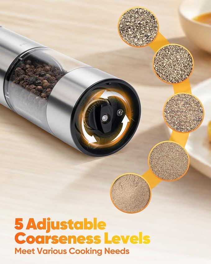 Electric Salt and Pepper Grinder Set with LED Light, Rechargeable Salt and Pepper Shakers with 5 Adjustable Coarseness, Upgraded Large Capacity, Stainless Steel, Storage & Charging Base