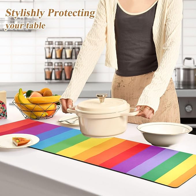 2 in 1 Table Runner Trivet for Hot Pots and Pans Heat Resistant Non Slip Waterproof 39 x 12 Inch Decorative Table Protector for Kitchen Countertop Vibrant Colorful Stripes