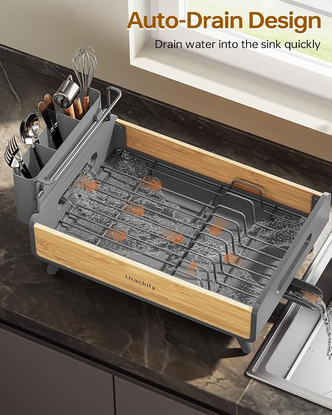 Urackify Dish Drying Rack for Kitchen Counter - Stainless Steel & Bamboo Dish Rack with Large Removable Utensil Holder, Dish Drainer with Adjustable Automatic Spout, Grey