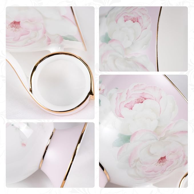 KAMMAK Ceramic Coffee Cups Saucers Set of 2, Porcelain Espresso Cup with Saucer, 8.12 oz Handmade Elegant Bone China Tea Cups, Ceramic Floral Pattern Demitasse Cup for Latte, Americano, Cappuccino