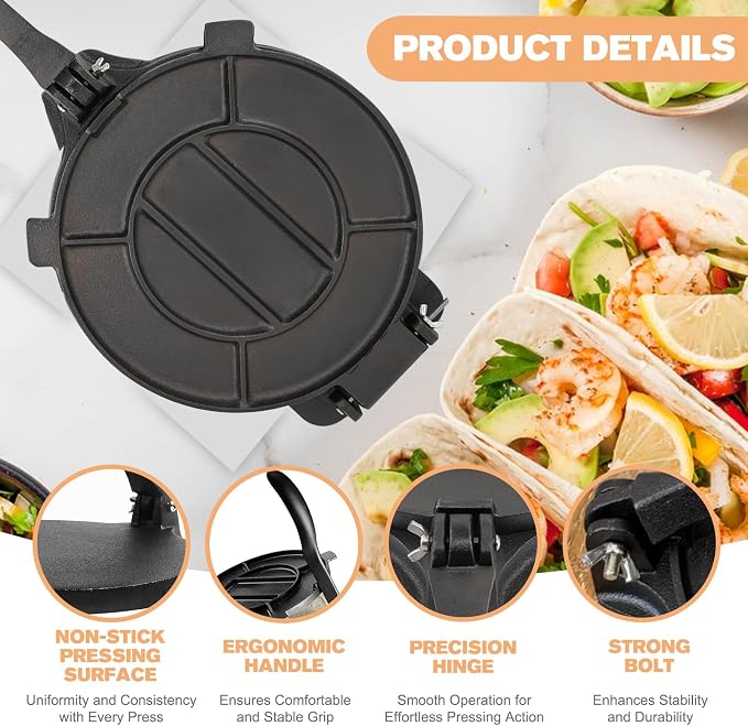 Cast Iron Tortilla Press 10 inch, Heavy Duty Tortilla Pataconera, Flour Tortilla Press with Foldable Handle, Taco press with Some Parchment Paper, Roti Maker, Black