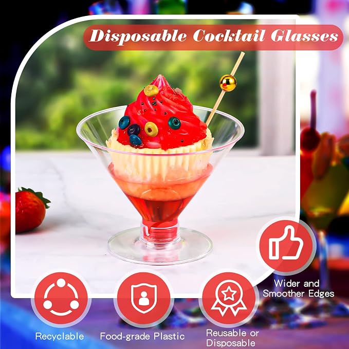 Irenare 250 Pcs 5 oz Plastic Martini Glasses and Cocktail Picks Set Disposable Clear Cocktail Dessert Glasses Unbreakable Mini Cups for Wedding Party Wine Appetizers Food