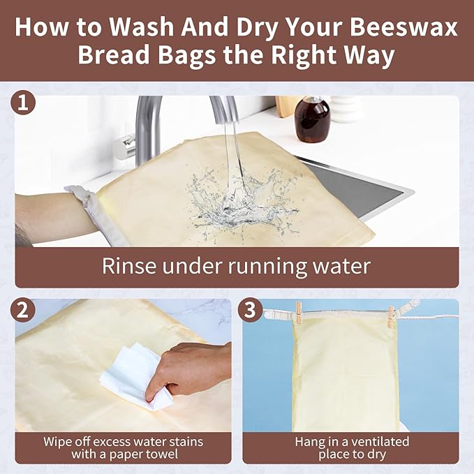 Saicefe 2 Pack Reusable Beeswax Bread Bags for Sourdough & Homemade Bread, Linen Waxed Bags Keeps Fresh Longer XL Food Storage Bags with Beeswax Lining, Freezer Safe, Baking Supplies for Sourdough