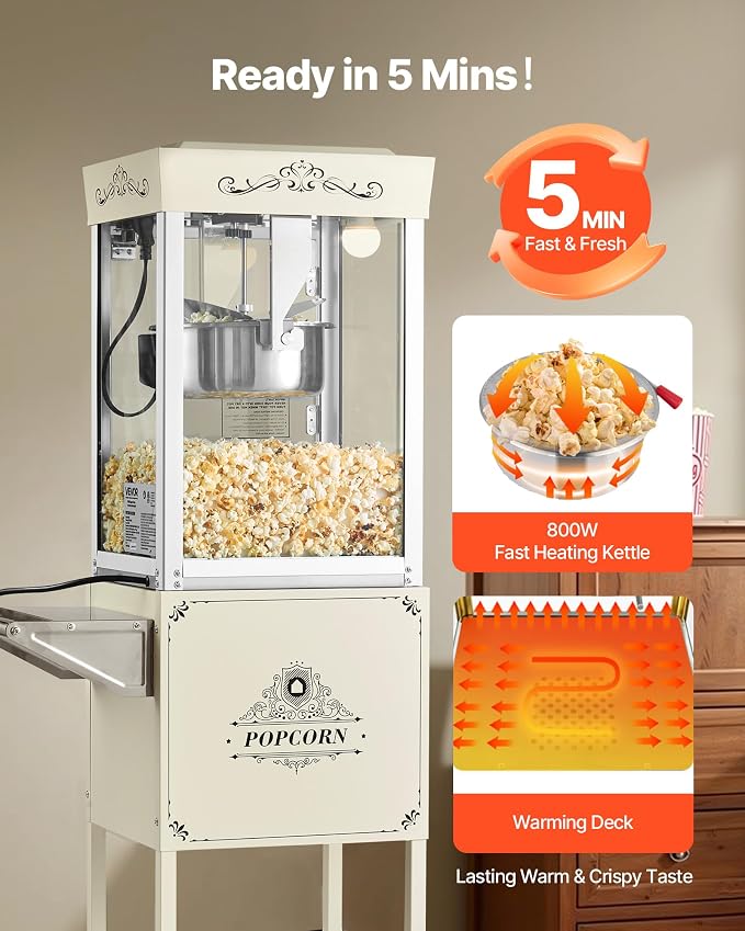 VEVOR Popcorn Machine with Cart, 8oz Stainless Steel Kettle, 800W Commercial Popcorn Maker, 48 Cups per Batch Theater Style Popper, with 2-Button Control Glass Wall PC Door 1 Scoop 3 Spoons, White