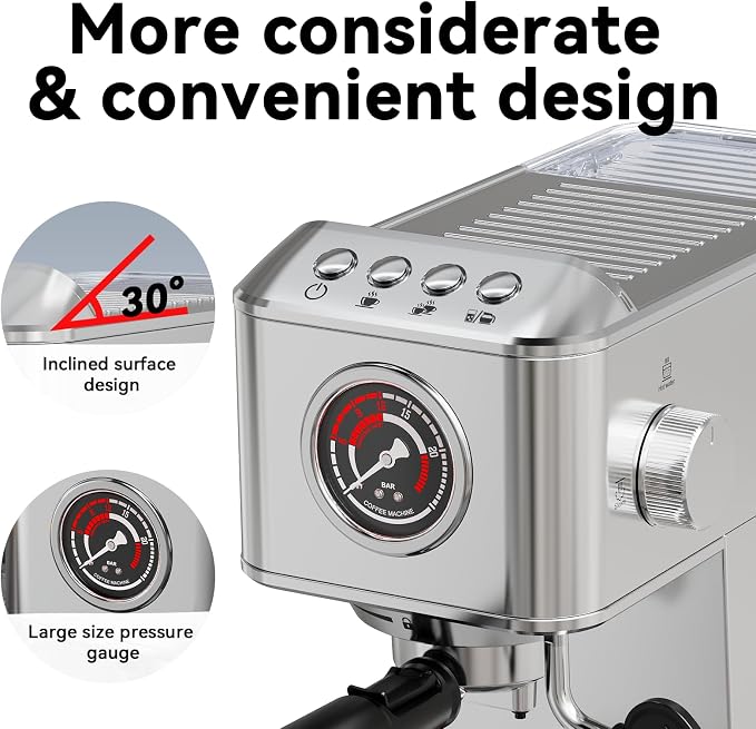 EM623 Espresso Machine 20 Bar with Steam Milk Frother, Stainless Steel Coffee Machine with Removable Water Tank for Cappuccino,Latte, Compact Stainless Steel Coffee maker for home,Great Gift