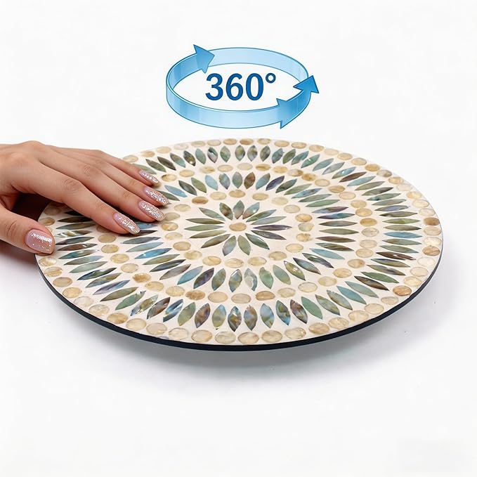 13.4" Mother of Pearl Lazy Susan, Table Centerpiece Round Shell Decorative Lazy Susan Turntable Rotating Tray Organizer for Cabinet Counter Gift Kitchen Office Cafe Home Decor (Dot Blue)