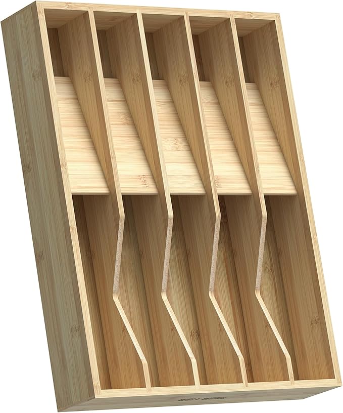 Bamboo Cutlery Drawer Organizer,Silverware Organizer 10 Slot Silverware Tray with V-Groove & Anti-Slip Blocks Flatware Utensil Storage for Kitchen Drawers (16" D x 12.3" W x 2.25" H)