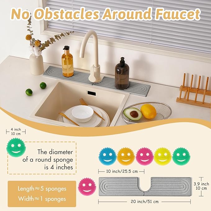 Stone Faucet Mat For Kitchen Sink, 20" Diatomite Fast Drying Stone Kitchen Sink Mat, Super Absorbent, Sink Stone Quick Dry Around Faucet, Stone Sink Splash Guard For Bathroom, Zen Gift, Light Grey