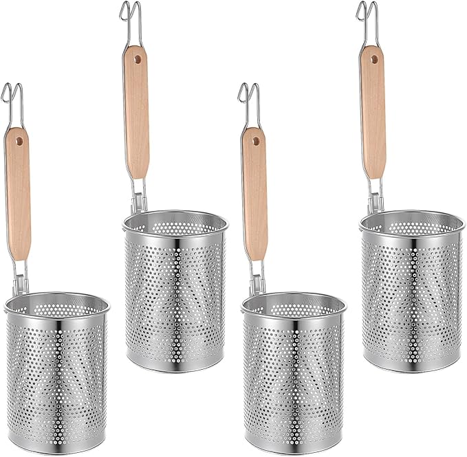 4pcs Pasta Strainer 15'' × 5.5'' Stainless Steel Pasta Basket Mesh Cooker with Wood Handle Kitchen Mesh Spider Noodle Strainer Skimmer for Boiling Food Dumpling Noodle Blanching Basket