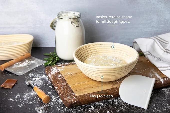 Kook Banneton Bread Proofing Set, Artisan Sourdough Bread Making Kit, 9 Inch Handwoven, Rattan Basket and Liner, Metal & Plastic Dough Scrapers, Scoring Lame & Case, 4 Extra Blades, Round