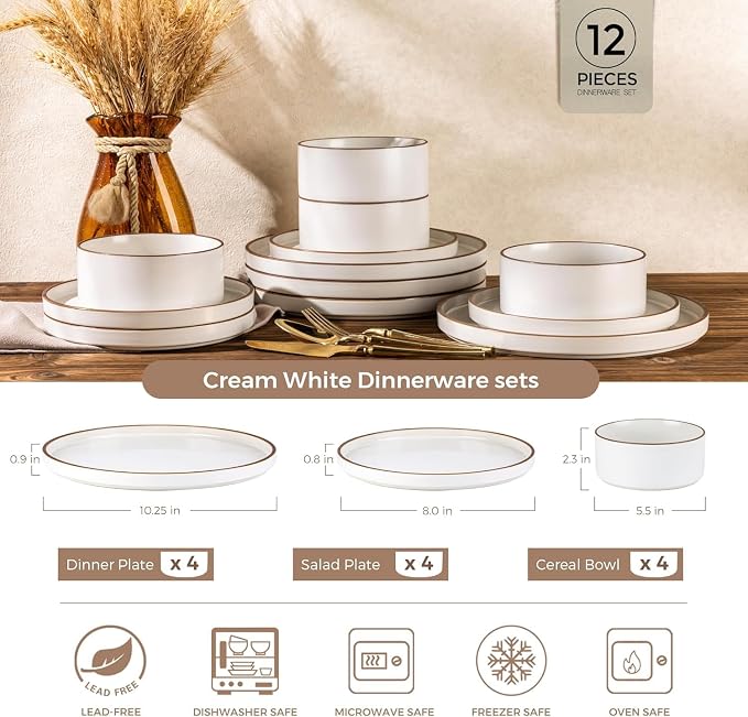 LERATIO Ceramic Dinnerware Sets for 8, High Edge Stoneware Plates and Bowls Set, Chip and Crack Resistant | Oven & Dishwasher & Microwave Safe Dishes Set, Service for 8 -Vanilla White