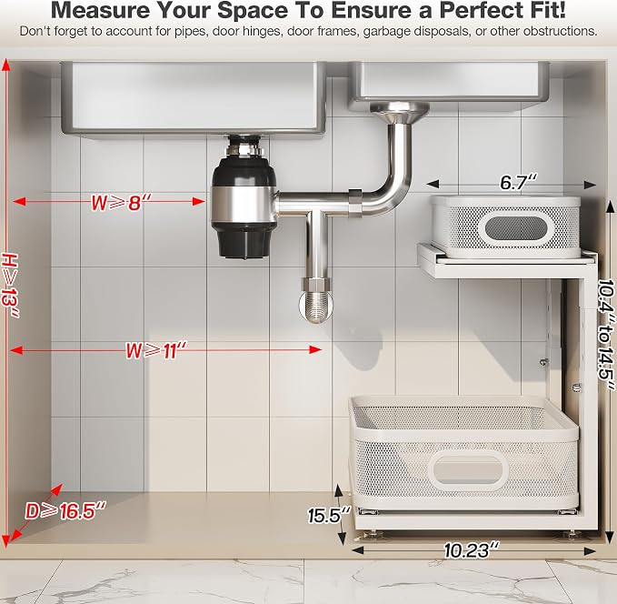 1 Pack 15IN-Depth Under Sink Organizer with Next-Gen Ball-Bearing Slides,2-Tier Precision Mesh Pull Out Cabinet Storage for Bathroom&Kitchen,Height Adjustable Drawers Shelf,Anti-Rust-White