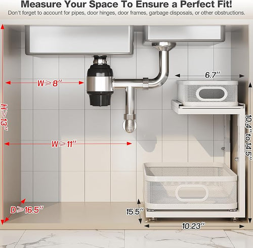 1 Pack 15IN-Depth Under Sink Organizer with Next-Gen Ball-Bearing Slides,2-Tier Precision Mesh Pull Out Cabinet Storage for Bathroom&Kitchen,Height Adjustable Drawers Shelf,Anti-Rust-White