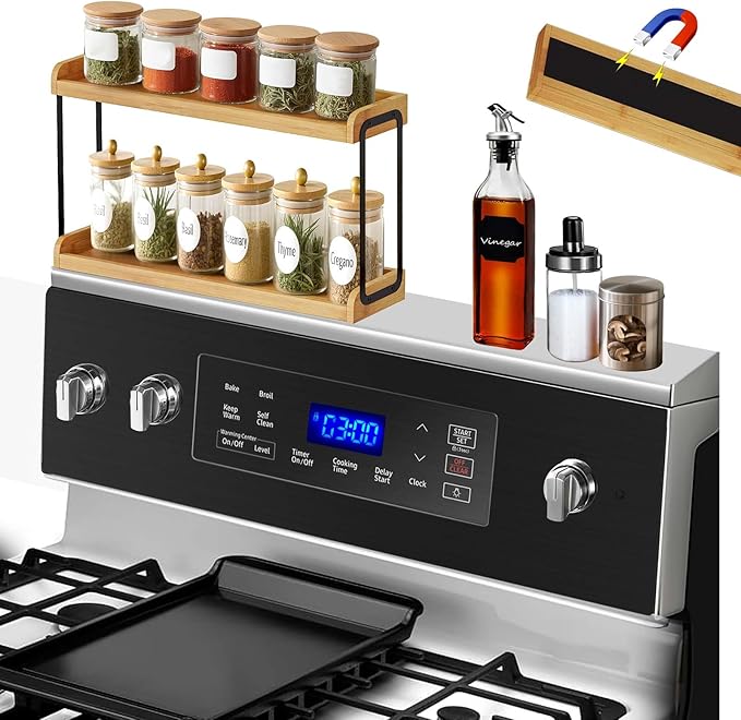 30" Magnetic Over the Stove Shelf,Stove Top Shelf,Over Oven Shelf,Stove Shelf for Back of Stove, Heat-Resistant and Wooden,Space-Saving Kitchen Storage (Wood Color, 2 Layer 2 pcs)