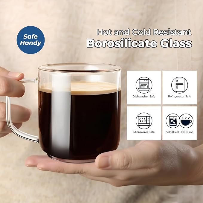 Aquach 22oz Glass Mugs Set of 2, Extra-Large Borosilicate Coffee Tea Cups | Dishwasher/Microwave Safe, Single-walled, Smooth Rim, Extra-Large Capacity, Comfort Handle, Stable Thick Base
