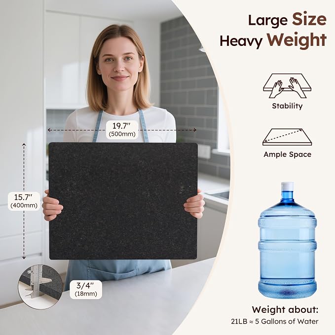 Diflart Natural Granite Cuttings Board for Kitchen, 16x20 Inch, Black, Stone Pastry Slab Large with Non-Slip Feet for Baking, Cheese, Charcuterie, Dough, Chocolate, Pack of 1 Piece