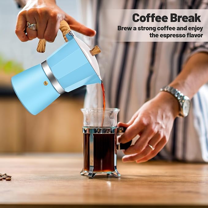 6 Cup Aluminum Moka Pot Classic Stovetop Espresso Coffee Maker 300ml 10oz Coffeemaker Percolator Mocha Pot Greca Coffee Maker Cafe Makers for Italian and Cuban Café Brewing Blue