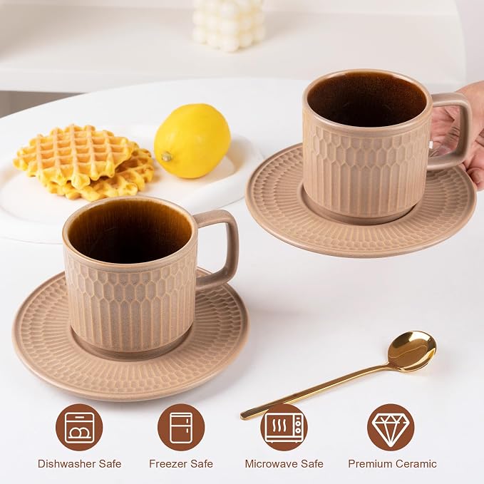 8oz Cappuccino Cups with Saucers Set of 4, 8 Ounce Stackable Embossed Ceramic Coffee Mugs for Specialty Coffee Drinks, Latte Mugs, Cafe Mocha and Tea, Dishwasher & Microwave Safe (Brown)