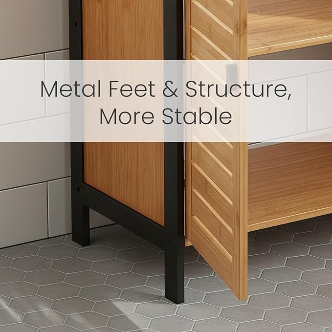 24" Bamboo Pedestal Under Sink Storage Vanity Cabinet, Solid Waterproof Sliding Door Bathroom Organizer with Adjustable Shelf, Modern Bathroom Furniture(Top Cutout, Not for Floor Drain)