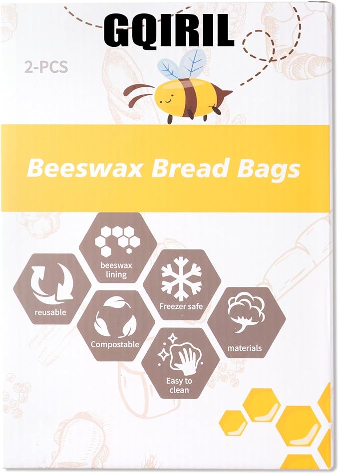 Reusable Beeswax Bread Bags - 2PCS Wide Zipper Access Bees Wax Homemade Sourdough Bread Food Storage Bag, L-shaped XL Coated Cotton Waxed Freezer Freshness Preservation for Home Kitchen Baking