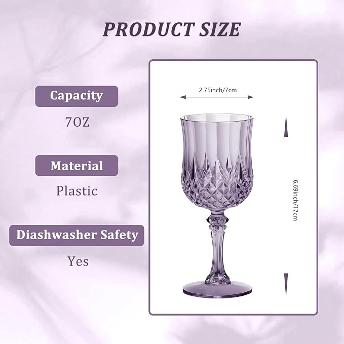 7OZ Plastic Wine Glasses, Reusable Vintage Goblets Unbreakable Drinking Glasses Crystal Water Cups Champagne for Wedding, Parties (12, Dark Purple)