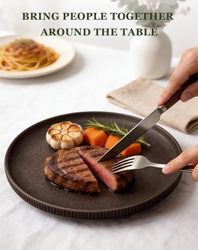 OTAGO 24-Piece Dinnerware Set for 6 with Mugs, Ribbed Stoneware Plates and Bowls Sets, Unique Handcrafted Reactive Glaze, Chip and Scratch Resistant Dish Set, Microwave & Dishwasher Safe, Black