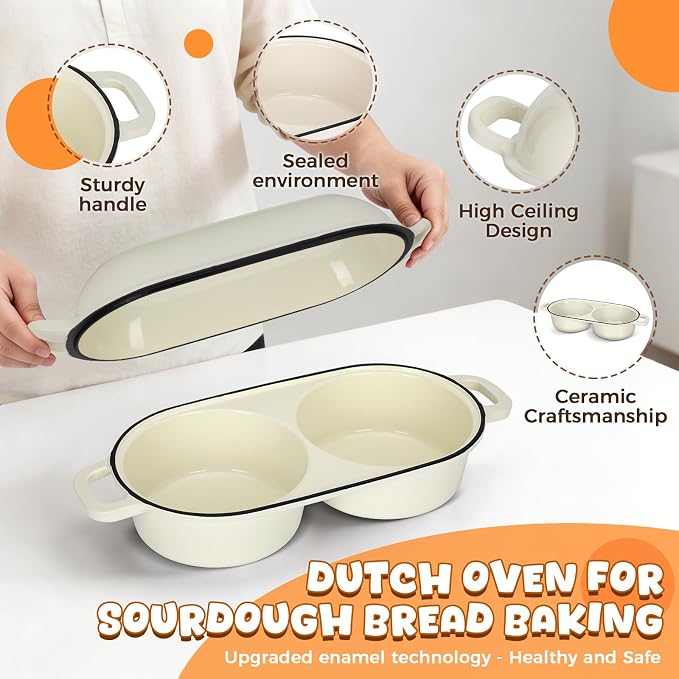 Double Dutch Oven for Sourdough Bread Baking, 2.2QT (White) | Enamelled Cast Iron Bread Pan with Lid, Double Round Loaf Space, 16.5cm Diameter, Mini Double Dutch Oven for Homemade Baking