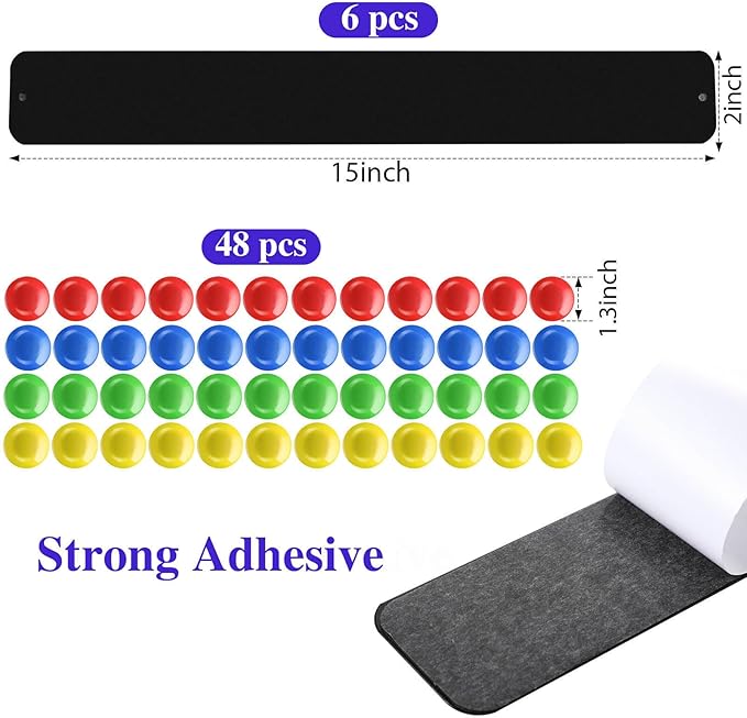 6 Pcs 15" x 2" Magnetic Display Board Souvenir Bulletin Board Strip Set with 48 Pcs Colorful Magnet for Office Home Wall Display Notes, Photos(Black)