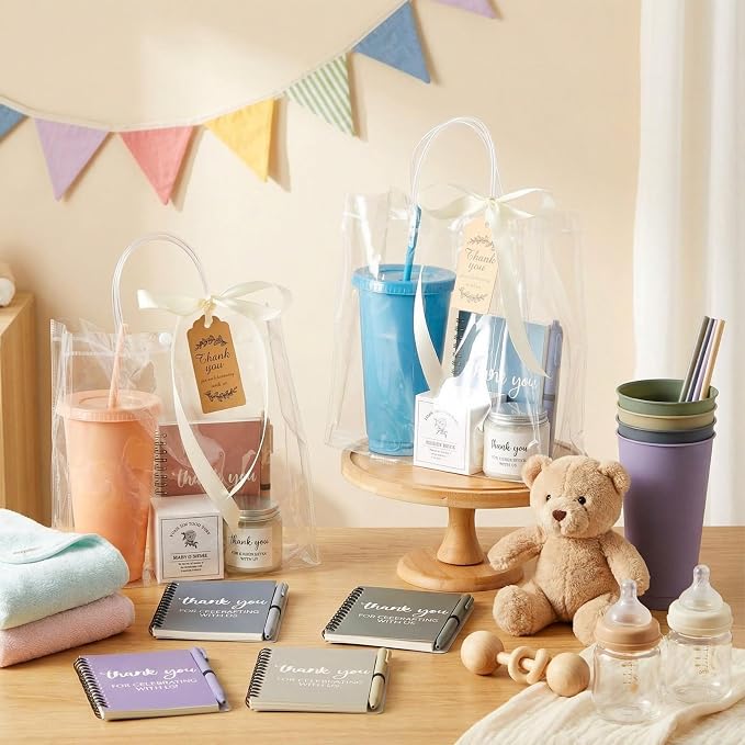 Nuogo 6 Sets New Parent Shower Prizes for Player Winners Adult, Wedding Bridal Shower Gift, Plastic Tumbler Notebook Scented Candle Ballpoint Pen Bag (Light Morandi Color,Classic Style)