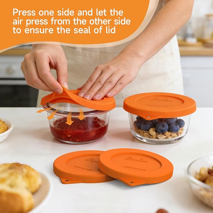 Sophico Silicone Storage Lids Cover Replacement for Pyrex Freshlock and SNAPWARE 1CUP(7202R), Round Glass Bowls Containers Set, Airtight Lids, 4 Pack