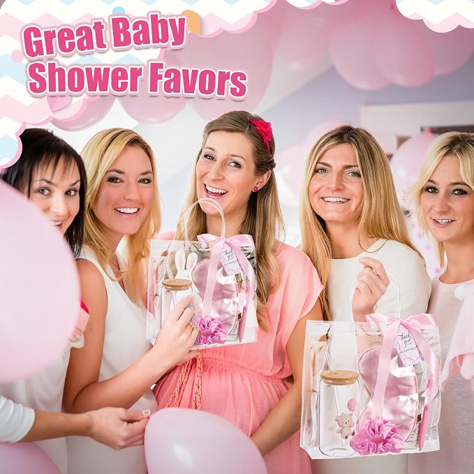 Reallnaive 43 Pcs Baby Shower Prizes for Player Winner Wedding Bridal Shower Favor Gifts Including Glass Cups Aromatherapy Candle Eye Mask Hair Band Greeting Card Pen Ribbon Gift Bag(Bear Style,Pink)